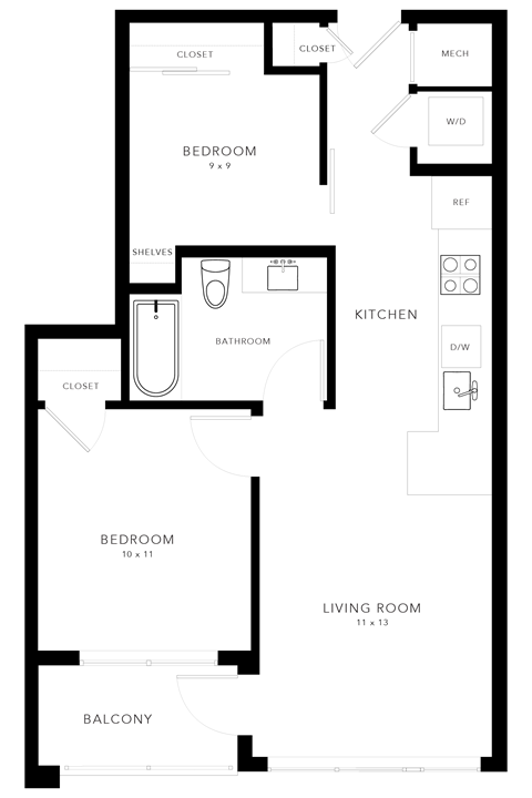 Floor plan for 2 beds, 1 bath, 619 sqft